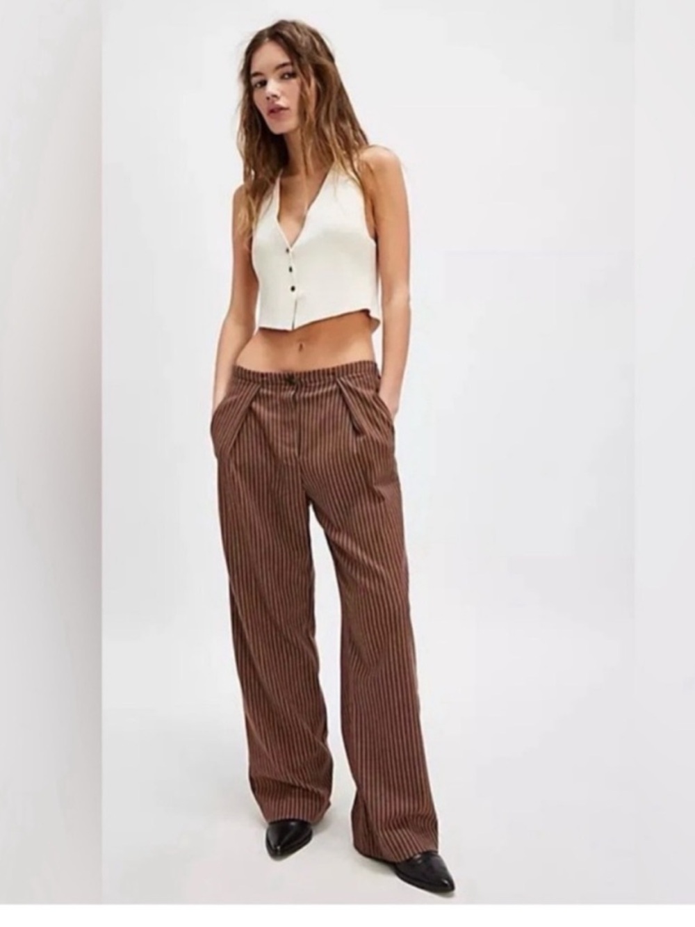 Free People Brown Pinstripe Wide-Leg Trousers